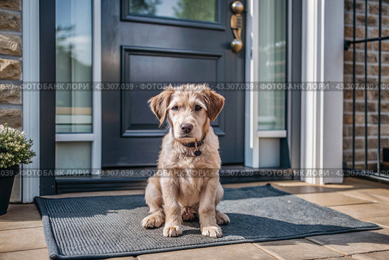 Animal care. The puppy sits patiently at the front door, looking forward to his master and walking with him. Стоковое AI-изображение, AI-художник Photojuli / Фотобанк Лори