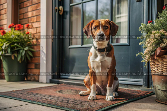 Animal care. The puppy sits patiently at the front door, looking forward to his master and walking with him. Стоковое AI-изображение, AI-художник Photojuli / Фотобанк Лори