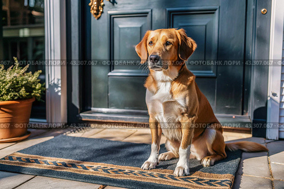 Animal care. The puppy sits patiently at the front door, looking forward to his master and walking with him. Стоковое AI-изображение, AI-художник Photojuli / Фотобанк Лори
