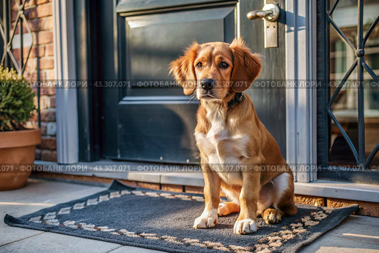 Animal care. The puppy sits patiently at the front door, looking forward to his master and walking with him. Стоковое AI-изображение, AI-художник Photojuli / Фотобанк Лори