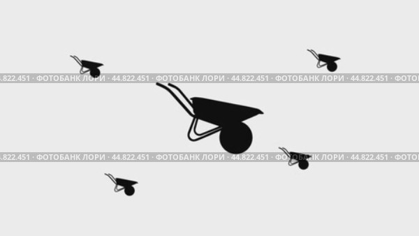 Анимация увеличения и уменьшения изображения символа садовой тачки. Большой черный символ в центре и четыре маленьких символа вокруг. Плавная закольцованная анимация в формате 4k на белом фоне. Стоковое видео, видеограф Карпенко Алексей / Фотобанк Лори