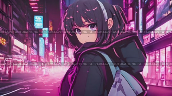 Anime girl walks through the bustling city streets at night, surrounded by colorful lights and busy crowds, creating a vibrant urban atmosphere. Стоковое AI-видео, аниматор Данила Большаков / Фотобанк Лори