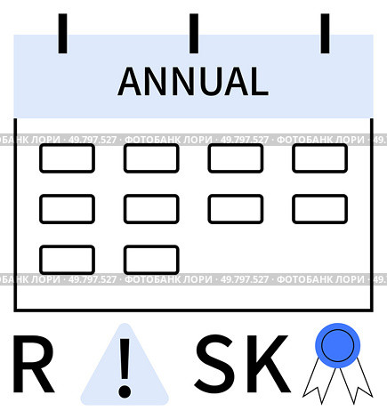 Annual calendar with empty date slots, the word Risk highlighted with an exclamation mark, and a blue achievement badge. Ideal for scheduling, project planning, risk assessment, time management, goal. Annual Planning Calendar with Risk Management Concept and Achievement Badge Elements. Стоковая иллюстрация, агентство Ingram Publishing / Фотобанк Лори