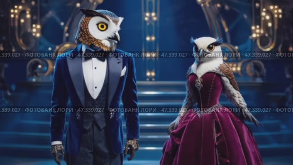 Anthropomorphic owl and hawk opera singers perform on stage. Стоковое AI-видео, аниматор Михаил Николаев / Фотобанк Лори