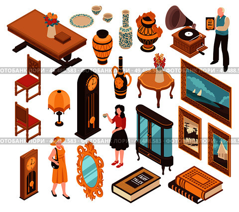 Antiquarian isometric set of vintage furniture striking clocks old books and items for home interior isolated vector illustration. Стоковая иллюстрация, агентство Ingram Publishing / Фотобанк Лори