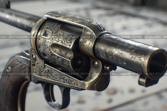 Antique engraved revolver displaying fine craftsmanship. Стоковое AI-изображение, AI-художник Иван Рябоконь / Фотобанк Лори