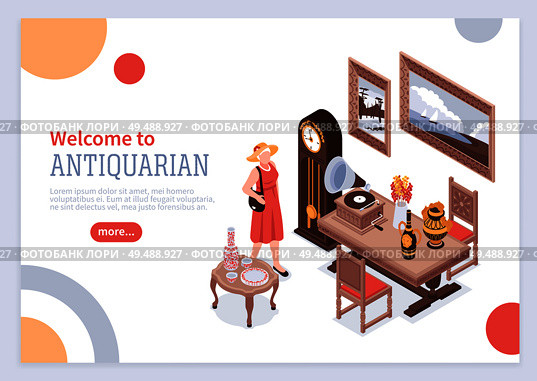 Antique isometric poster with elegant woman looking at interior items made in vintage style vector illustration. Стоковая иллюстрация, агентство Ingram Publishing / Фотобанк Лори