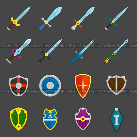 Antique weapon color icons set with heraldic battle shields and crusader knights swords abstract isolated vector illustration. Стоковая иллюстрация, агентство Ingram Publishing / Фотобанк Лори