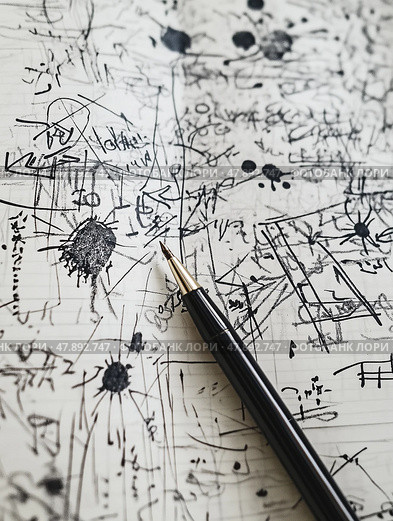 Anxious notebook page covered in paranoid doodles and repetitive phrases symbolizing emotional breakdown. Тревожная страница блокнота, испещренная параноидальными каракулями и повторяющимися фразами, символизирующими эмоциональный срыв. Стоковое AI-изображение, AI-художник Katsiaryna Repich / Фотобанк Лори
