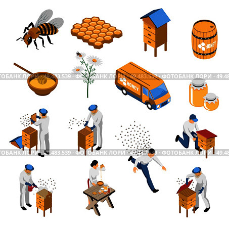 Apiculture isometric set with flowers and bees beekeeper near hive honey in various containers isolated vector illustration. Стоковая иллюстрация, агентство Ingram Publishing / Фотобанк Лори