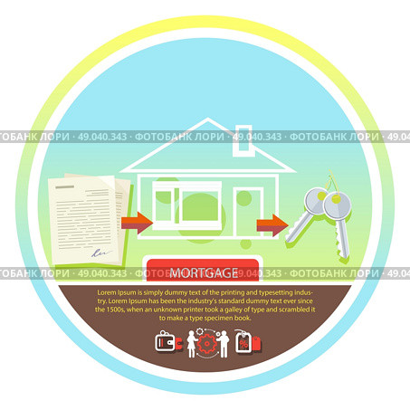 Approved mortgage loan application with house key and home. Concept in flat design cartoon style on stylish background. Approved mortgage loan application. Стоковая иллюстрация, агентство Ingram Publishing / Фотобанк Лори
