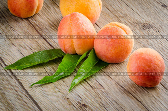 Apricots with leaves on the wooden table. Стоковое фото, агентство Ingram Publishing / Фотобанк Лори