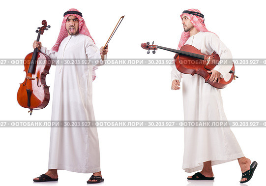 Arab man playing cello isolated on white. Стоковое фото, фотограф Elnur / Фотобанк Лори