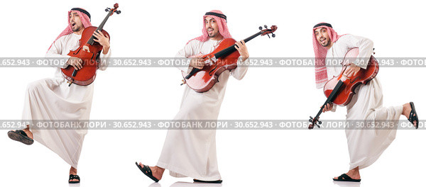 Arab man playing cello isolated on white. Стоковое фото, фотограф Elnur / Фотобанк Лори