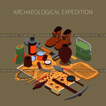 Archaeological expedition  concept with ancient remains and artifacts symbols isometric vector illustration. Стоковая иллюстрация, агентство Ingram Publishing / Фотобанк Лори