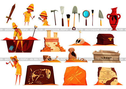 Archeology set of icons with explorers, science equipment, ancient artifacts including tombs, fossils, amphora isolated vector illustration . Archeology Icons Set. Стоковая иллюстрация, агентство Ingram Publishing / Фотобанк Лори
