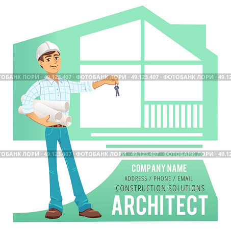 Architect in helmet with blueprints and keys in hand against background of constructed house, cottage. Character Construction Architect Engineer. Concept for banner, business card. Vector illustration. Стоковая иллюстрация, агентство Ingram Publishing / Фотобанк Лори