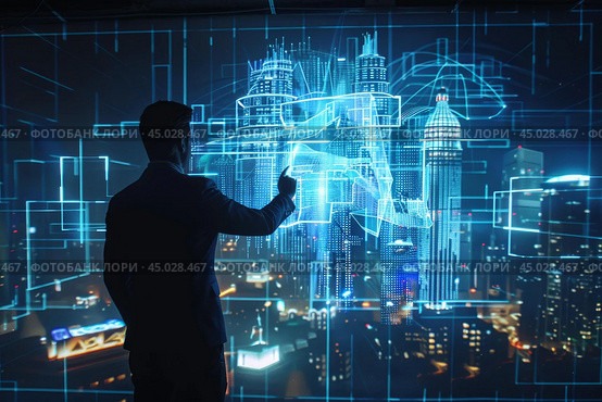 Architect using touch screen to design futuristic holographic city skyline. Стоковое AI-изображение, AI-художник Иван Рябоконь / Фотобанк Лори