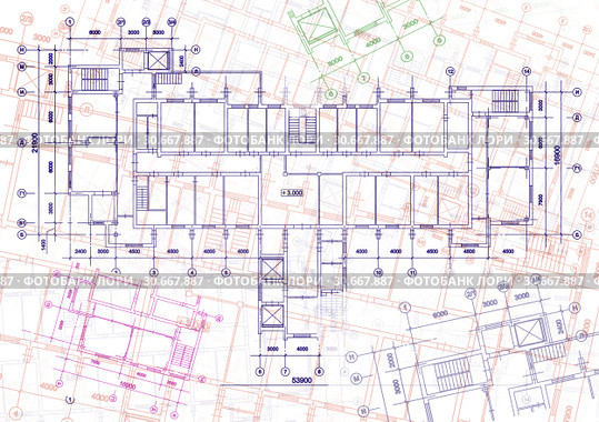 Architectural background with technical drawings. Blueprints plan texture. Drawing part of architectural project. Стоковая иллюстрация, иллюстратор bashta / Фотобанк Лори