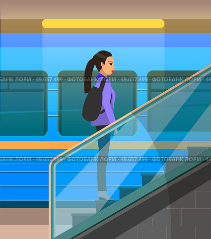 Architecture stair, lift and elevator in metro. Escalator, mobile ladder for transporting passengers. Transport vehicle with stairs and handrails. Woman move on automatic escalator in subway. Woman move on automatic escalator in subway. Mobile ladder for transporting passengers in metro. Стоковая иллюстрация, агентство Ingram Publishing / Фотобанк Лори