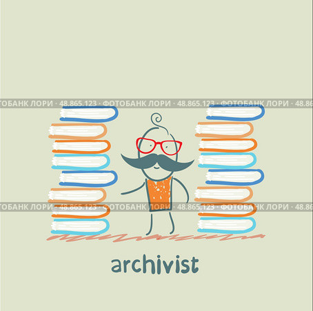 archivist standing near piles of books. Стоковая иллюстрация, агентство Ingram Publishing / Фотобанк Лори