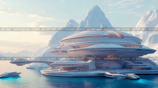 Arctic Haven: A Futuristic Coastal Retreat. Стоковое AI-изображение, AI-художник Данила Большаков / Фотобанк Лори