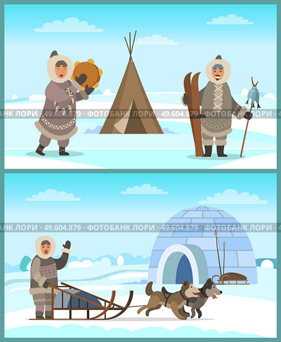Arctic people in fur clothes near igloo and tent on snowy landscape. Happy eskimo man and woman holding timbrel instrument, sleigh with husky, skis and spear. Male and female living in Alaska vector. Eskimo People in Alaska, Frozen Landscape Vector. Стоковая иллюстрация, агентство Ingram Publishing / Фотобанк Лори