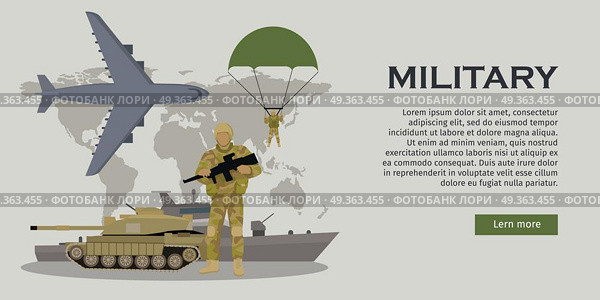 Armed Forces Vector Concept in Flat Design. Different types of armed forces. Paratroopers, fighter jet, bomber, tank, reactive artillery flat vector illustrations world map on background. For warfare concepts, military service contract ad. Стоковая иллюстрация, агентство Ingram Publishing / Фотобанк Лори