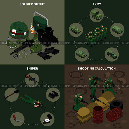 Army 2x2 design concept set of sniper soldier outfit shooting calculation square icons isometric vector illustration. Стоковая иллюстрация, агентство Ingram Publishing / Фотобанк Лори