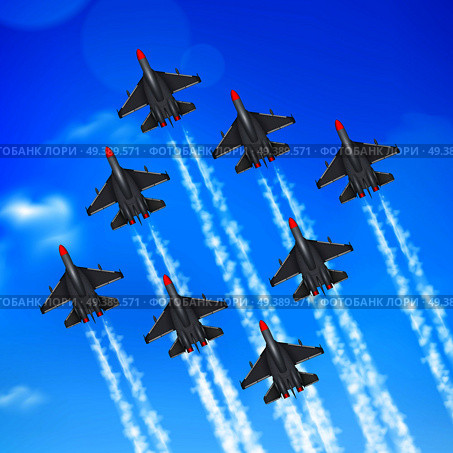 Army air force military parade jet airplanes formation condensation trails against blue sky realistic poster vector illustration . Military Airplanes Condensation Trail. Стоковая иллюстрация, агентство Ingram Publishing / Фотобанк Лори