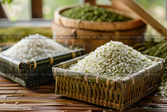 Aromatic long grain rice sits in bamboo baskets, showcasing the essence of a plentiful harvest. Стоковое AI-изображение, AI-художник Иван Рябоконь / Фотобанк Лори