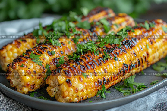 Aromatic roasted corn with a delicious golden crust covered with dark, toasted grill marks. The cobs are garnished with freshly chopped herbs, perhaps parsley or cilantro. The dish looks juicy and inviting, and the combination of the bright yellow corn and the green shades of the herbs creates a harmonious contrast. The dark plate highlights the rich colors of the dish, creating a warm and cozy atmosphere. Стоковое AI-изображение, AI-художник Анна Кривицкая / Фотобанк Лори