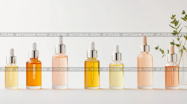 Arranged collection of colorful skincare serums on a neutral surface during daylight. Стоковое AI-изображение, AI-художник Сергей Толмачёв / Фотобанк Лори
