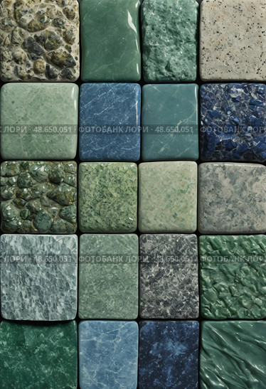 Arranged tiles showcasing the unique colors and textures of amazonite, a bluish green potassium feldspar, captured in an artistic display. Each piece highlights natural beauty Generative AI. Стоковое AI-изображение, AI-художник Юлия Петровская / Фотобанк Лори