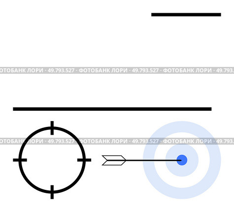 Arrow hitting the bullseye of a target with crosshair sight and straight lines. Ideal for precision, goal setting, accuracy, focus, success strategies, target setting, and achievement. Line metaphor. Arrow hitting the bullseye of a target, with crosshair and lines depicting precision and goal achievement. Стоковая иллюстрация, агентство Ingram Publishing / Фотобанк Лори