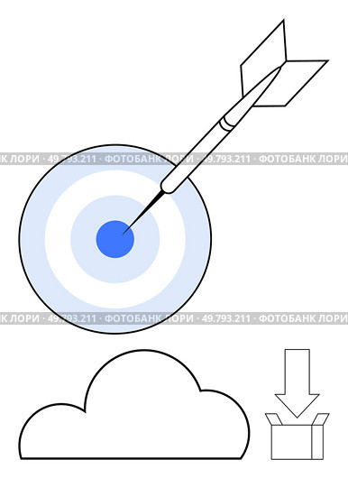 Arrow pierces bullseye of target, representing accuracy, next to cloud and download box. Ideal for cloud storage, data accuracy, targets, goals, technology business successthemes. Line metaphor. Arrow hitting center of target beside cloud icon and download box, representing precise cloud data retrieval. Стоковая иллюстрация, агентство Ingram Publishing / Фотобанк Лори