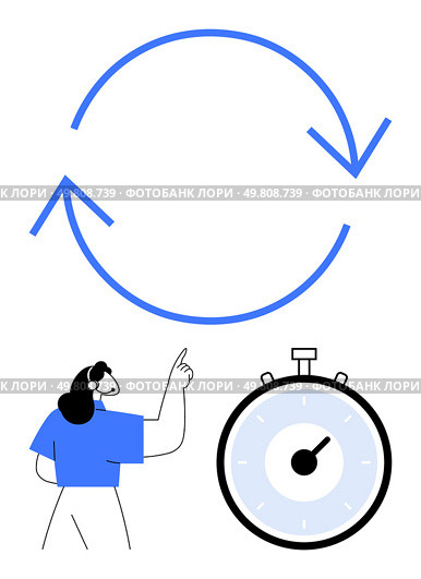 Arrows forming a continuous loop above a stopwatch and a person pointing upwards. Ideal for time management, workflow, efficiency, productivity, process optimization, continuous improvement. Line. Continuous Improvement and Time Management Symbols Arrows, Stopwatch, and a Person Indicating Direction. Стоковая иллюстрация, агентство Ingram Publishing / Фотобанк Лори