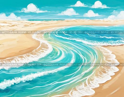 Art beach scene with gentle waves, sandy shoreline. Bright colors create peaceful atmosphere. Generated AI. Sunny beach holidays travel concept. Copy space. Sunny tropic paradise. Plage background. Стоковое AI-изображение, AI-художник Юлия Петровская / Фотобанк Лори