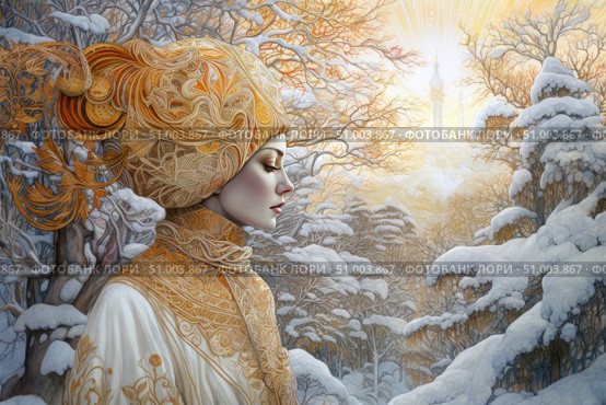 Art portrait of a woman in an exquisite ornamental headdress against the backdrop of a winter forest. Her image seems to have come out of a fairy tale - a calm face, delicate features, a golden-amber headdress and cape, covered with fine carvings in the Art Nouveau style. The winter landscape behind is shrouded in snowy silence and soft sunlight illuminating a distant fairy-tale temple. The illustration is ideal for book covers, art projects, calendars, postcards and decorative design in the style of ethnic fantasy. Стоковое AI-изображение, AI-художник Анна Кривицкая / Фотобанк Лори