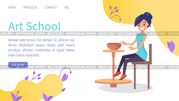 Art school classes of pottery, making clay pots and vases. Skillful master at workshop workign with clay bowl. Creative website or webpage template. Woman molding clay product on spinning wheel. Art school classes of pottery. Creative website template. Woman molding clay on spinning wheel. Стоковая иллюстрация, агентство Ingram Publishing / Фотобанк Лори