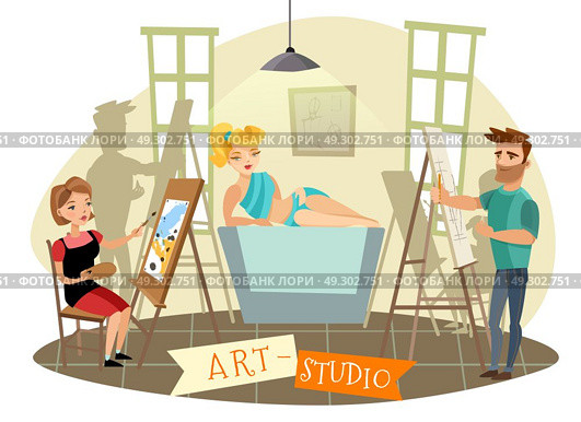 Art Studio Creative Process  Cartoon Illustration . Art studio creative process with sexy blond model posing and visual artists at easel cartoon vector illustration . Стоковая иллюстрация, агентство Ingram Publishing / Фотобанк Лори