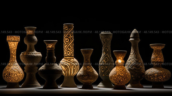 artifacts ancient oil lamps ai generated. Стоковое AI-изображение, AI-художник Vectorwin / Фотобанк Лори