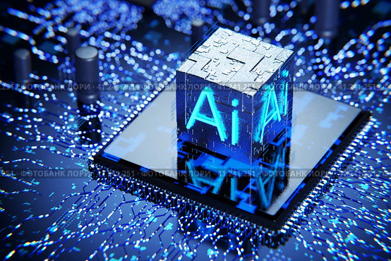 Artificial intelligence concept. Artificial intelligence training. Training a neural network. Neurochip. Neuro interface. Artificial intelligence microprocessor. 3D render. Стоковая иллюстрация, иллюстратор Alexander / Фотобанк Лори
