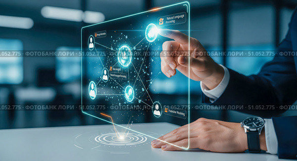 Artificial intelligence concept with hand touching futuristic screen, natural language processing and machine learning theme for business technology and data analysis background. Стоковое AI-изображение, AI-художник Павел Муравьев / Фотобанк Лори
