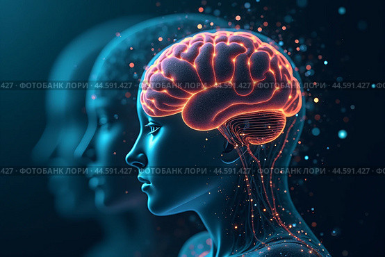 Artificial intelligence is presented as an abstract illustration of a model on a blue background symbolizing future technologies and transmitting data in the form of bytes and files. Стоковое AI-изображение, AI-художник Сергей Краснощеков / Фотобанк Лори