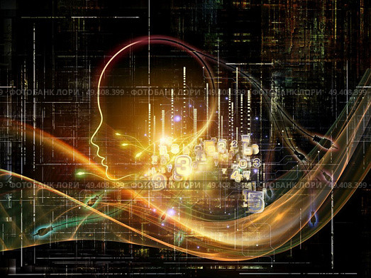Artificial Intelligence series. Design composed of human profile and numbers as a metaphor on the subject of thinking, logic, computers and future technology. Стоковое фото, агентство Ingram Publishing / Фотобанк Лори