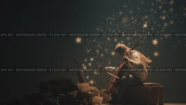 Artist plays cello surrounded by scattered light and creative clutter in an intimate performance space. Стоковое AI-видео, аниматор Сергей Толмачёв / Фотобанк Лори