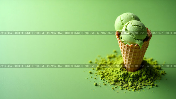 Artistic highresolution photograph of a matcha ice cream cone on a textured green background. Стоковое AI-изображение, AI-художник Андрей Бакусов / Фотобанк Лори
