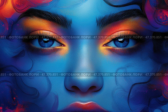 Artistic portrait of a face, made in a digital fantasy style. The face is painted in a deep blue color, the skin is smooth and shimmers with cold shades. The eyes are bright blue, expressive, emphasized by rich shadows: fiery orange, red and gold. The hair smoothly dissolves into the background, made with swirling, almost smoky lines in dark blue and purple tones, interspersed with pink and crimson. The whole image radiates magical, hypnotic energy, creating a sense of myth or an alien entity. Стоковое AI-изображение, AI-художник Анна Кривицкая / Фотобанк Лори