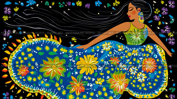 Artistic rendition of a graceful woman in a rich blue dress decorated with vivid blossoms, evoking a sense of joyous movement. Стоковое AI-изображение, AI-художник Данила Большаков / Фотобанк Лори